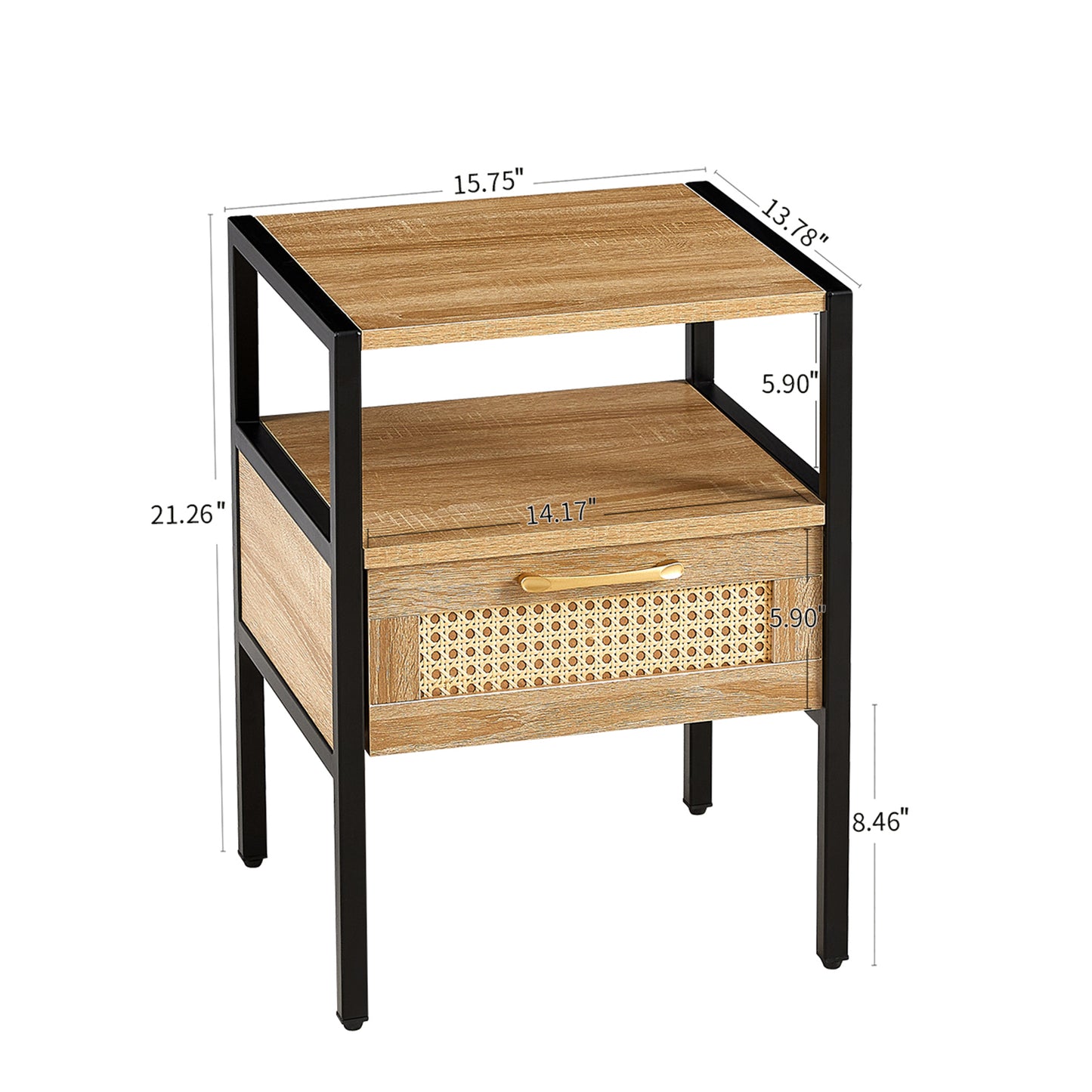 Set of 2, 15.75" Rattan End table with  drawer, Modern nightstand, metal legs,side table for living room, bedroom,natural