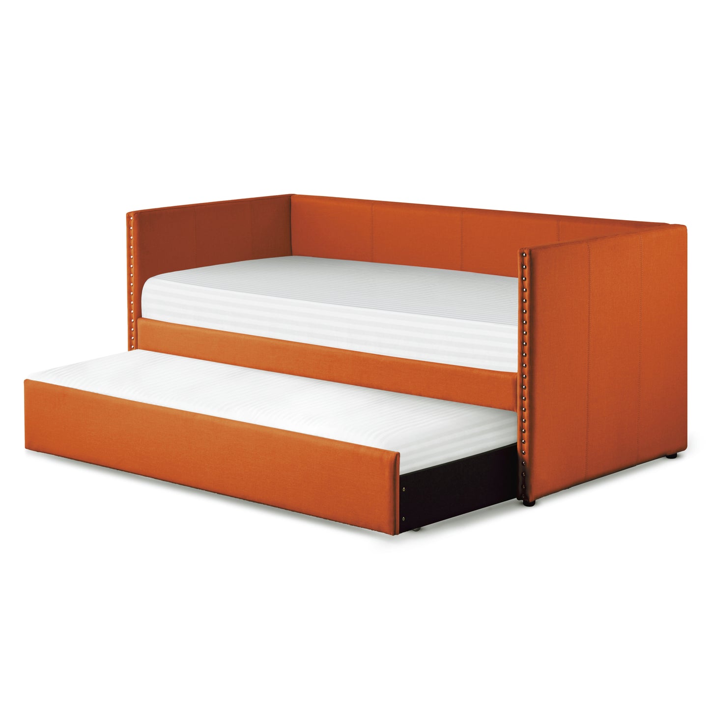 Orange Fabric Upholstered 1pc Day Bed with Pull-out Trundle Nailhead Trim Wood Frame Furniture