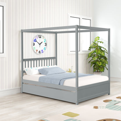 Full Size Canopy Bed with Twin Trundle, Kids Solid Wood Platform Bed Frame w/ Headboard, No Box Spring Needed Grey Color