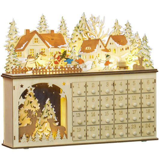 HOMCOM Christmas Advent Calendar, Light Up Wooden Countdown Calendar with 24 Drawers and LED Lights for Kids and Adults, Battery Operated, Natural