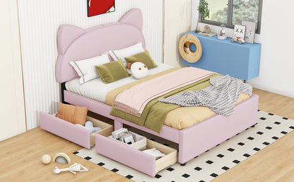 Full Size Upholstered Platform Bed with Cartoon Ears Shaped Headboard and 2 Drawers, Pink