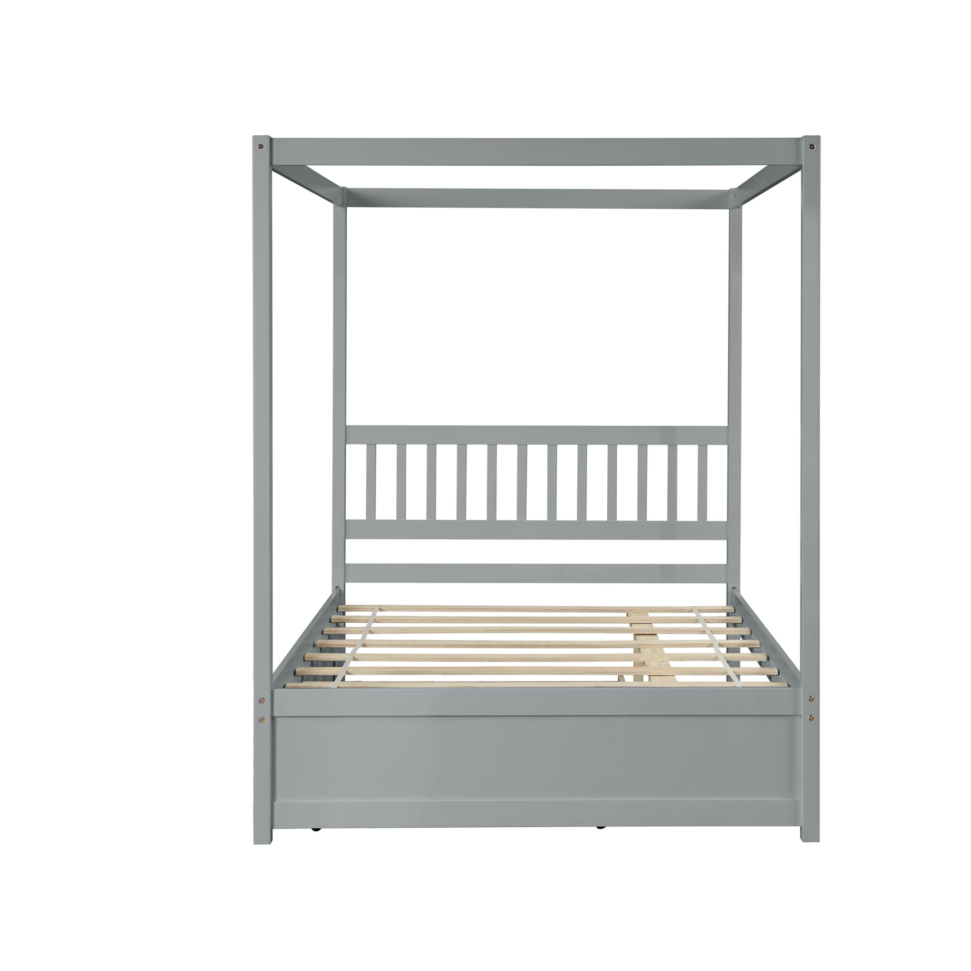 Full Size Canopy Bed with Twin Trundle, Kids Solid Wood Platform Bed Frame w/ Headboard, No Box Spring Needed Grey Color