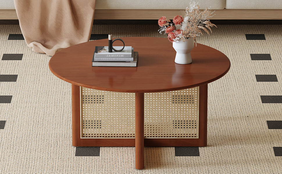 A natural and elegant deep red wooden coffee table with artificial rattan decorations, perfect for a fashionable living room and comfortable tea drinking time