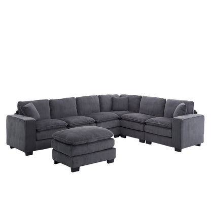 Modern U Shaped 6-seat Sectional Sofa Couch with one Ottoman and three toss pillows ,Modular Sofa for Living Room,Corduroy sofa