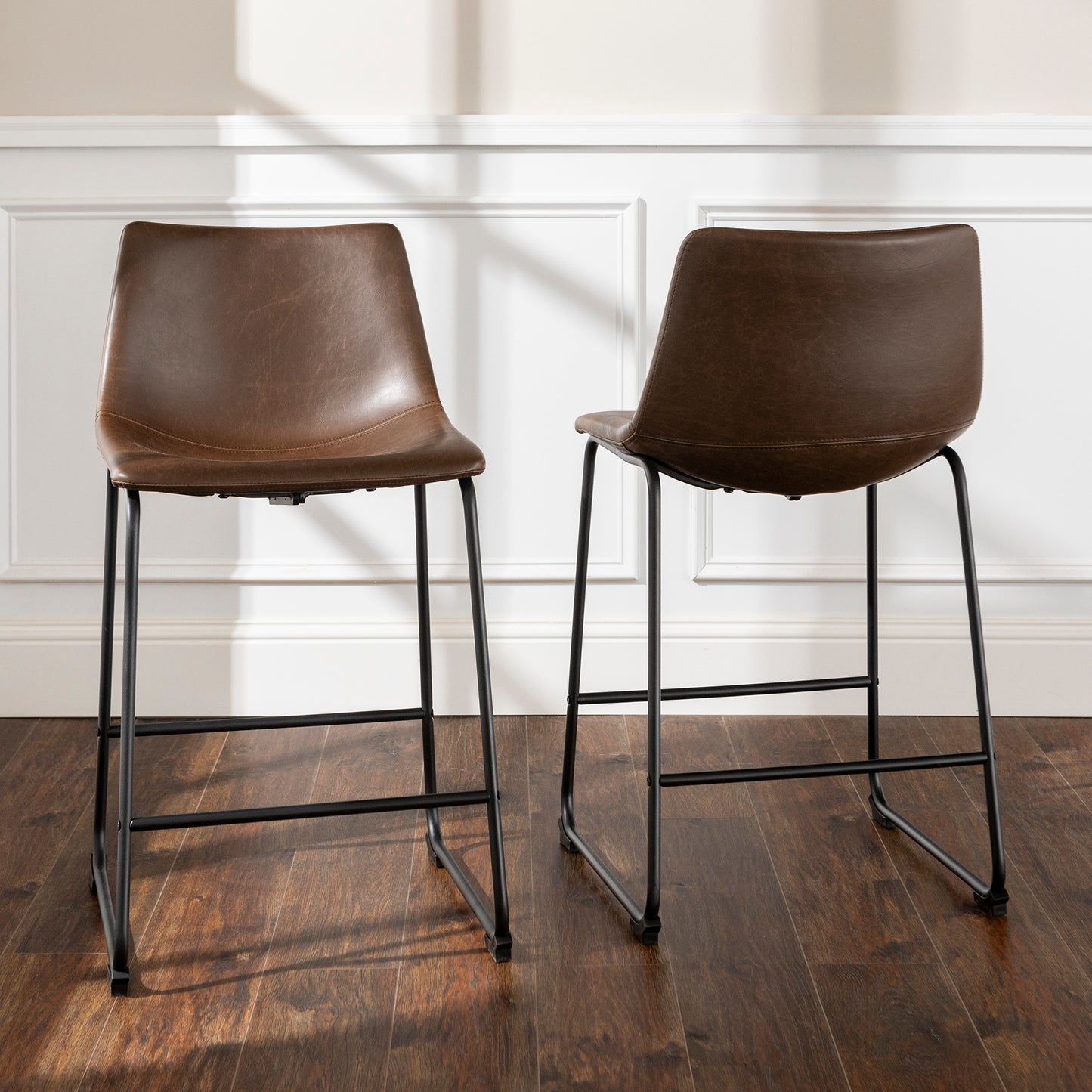 Industrial Faux Leather Counter Stools, Set of 2 - Brown