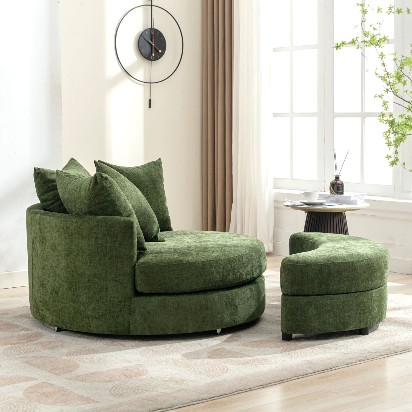 Orisfur. 360° Swivel Accent Barrel Chair with Storage Ottoman & 4 Pillows, Modern Chenille Leisure Chair Round Accent for Living Room, Green