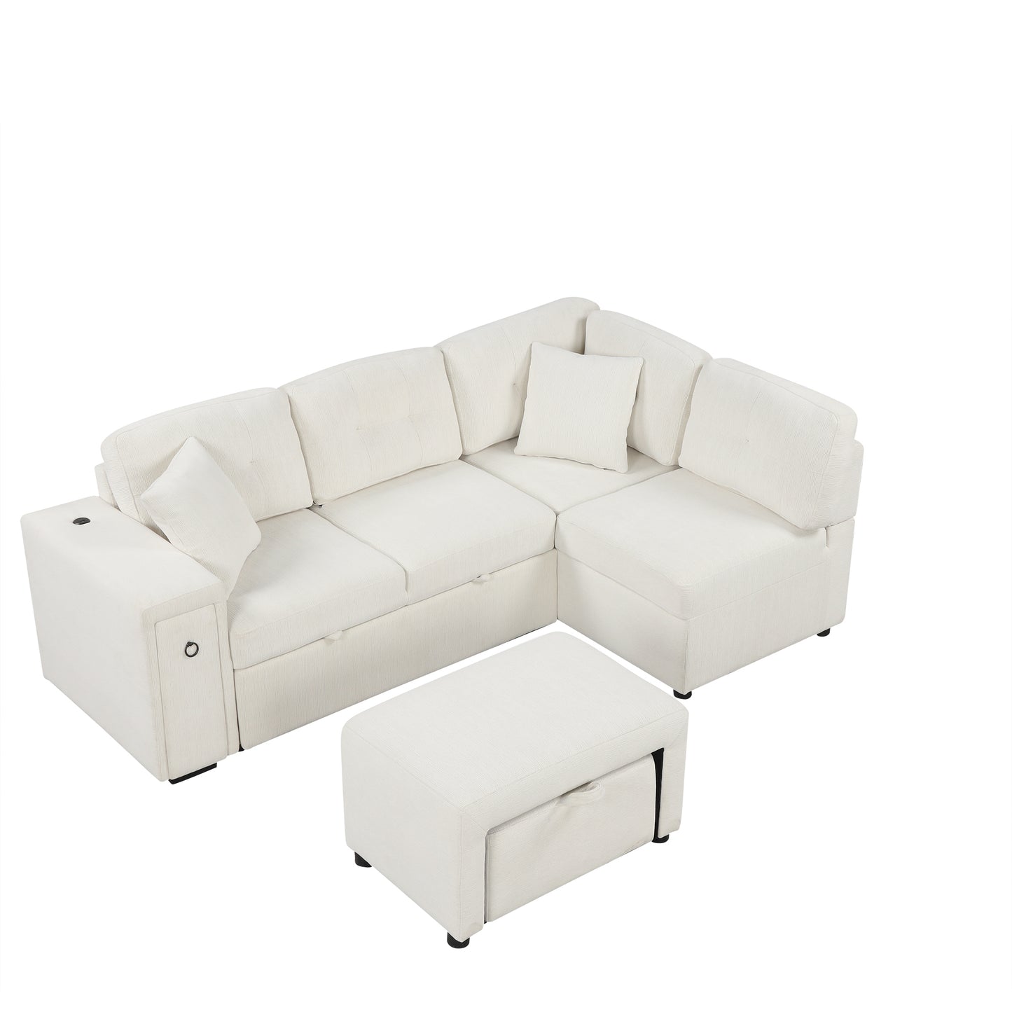 86.6" Sectional Sofa L-shaped Sofa Couch Pull-out Sofa Bed with a Movable Ottoman, Two USB Ports  and Two Cup Holders for Living Room, Beige