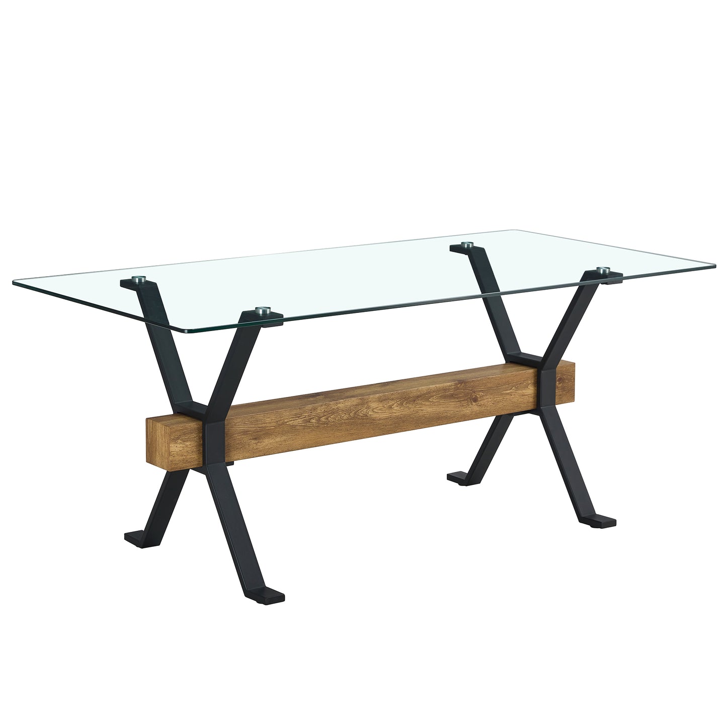 Dining table. Modern tempered glass dining table. Large modern office desk with black metal legs and MDF crossbars, suitable for home and office use. 8 high-end cushioned seats.F-1105  C-1162