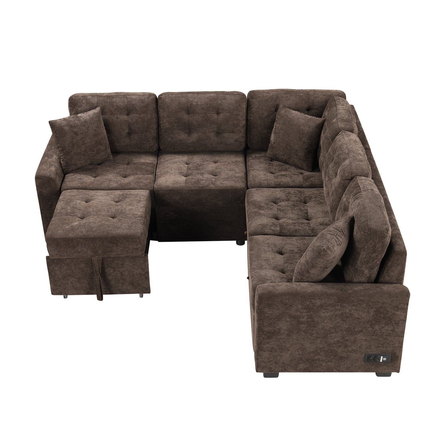 82.6" L-shape Sofa Bed Pull-out Sleeper Sofa with Wheels, USB Ports, Power Sockets for Living Room, Brown