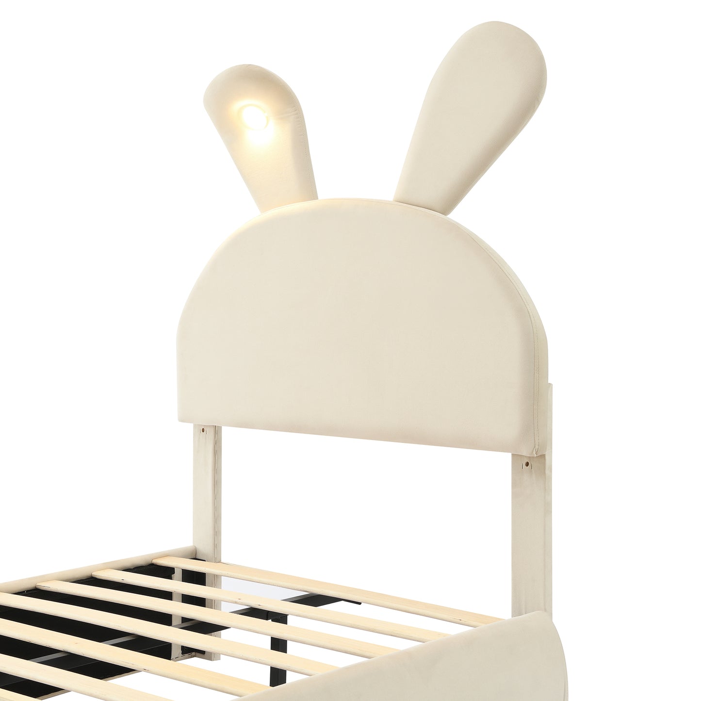 Twin Size Upholstered Platform Bed with Cartoon Ears Shaped Headboard and Light, Beige