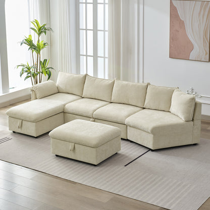 146.9" L-shaped Sofa Sectional Sofa Couch Pull-out Sofa Bed with a Movable Storage Ottoman, a Storage Chaise Lounge and Two USB Ports for Living Room, Beige