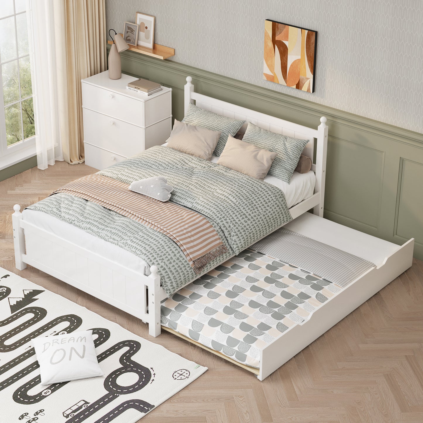 Full Size Solid Wood Platform Bed Frame with trundle for Limited Kids, Teens, Adults, No Need Box Spring, White