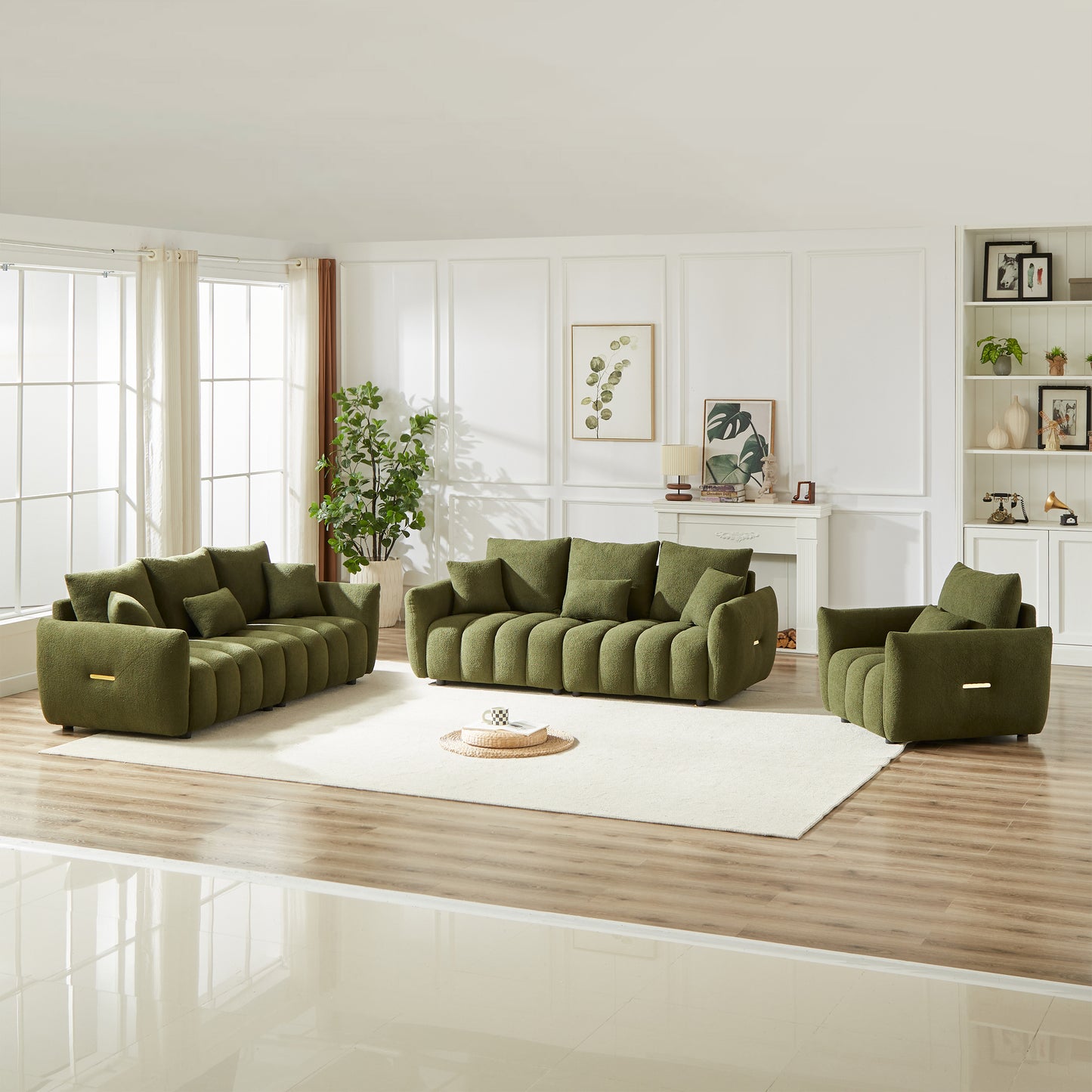 1 Seater + 3 Seater + 3 Seater,  Combo Sofa Modern Living Room Sofa, Teddy Sofa, Wooden Frame, 7 Cushions, Apartment Sofa Furniture