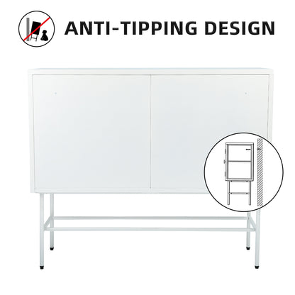 White Sideboard Storage Cabinet With Two Fluted Glass Doors Detachable Shelves Bottom Space for Living Room, Office, Dinging Room and Entryway