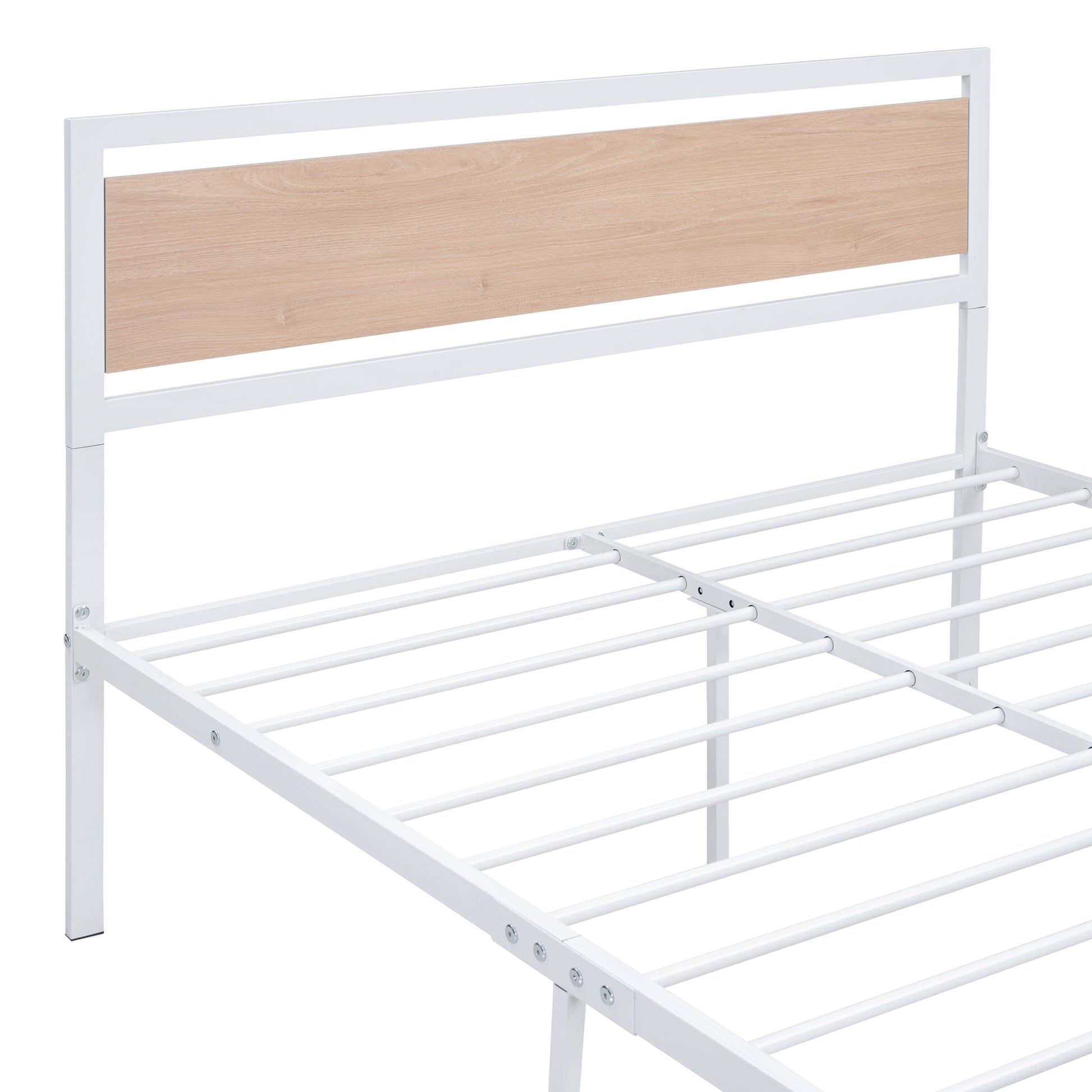 Full Size Platform Bed, Metal and Wood Bed Frame with Headboard and Footboard , White