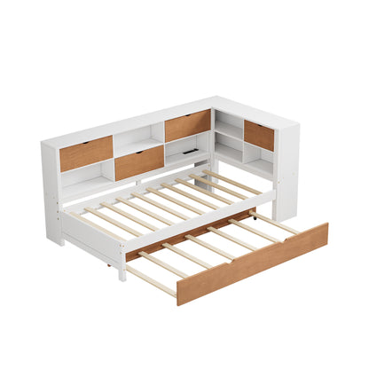 L-Shaped Bed Frame with Trundle and and Bookcase,Corner Bed Wooden Captain Bed with Led Downlight and USB Port for Small Room,Bedroom, Guest Room, Twin Size, Walnut and White