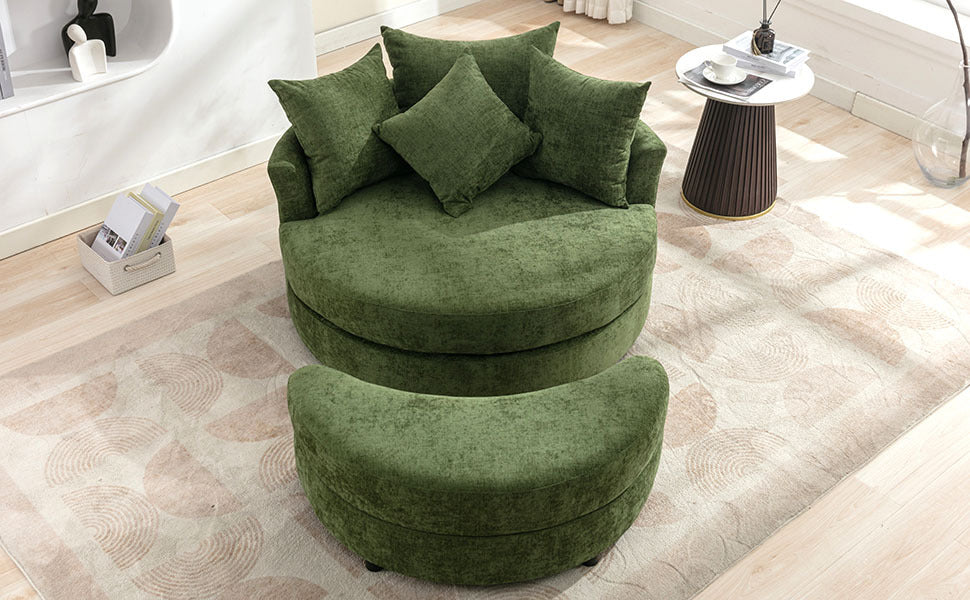 Orisfur. 360° Swivel Accent Barrel Chair with Storage Ottoman & 4 Pillows, Modern Chenille Leisure Chair Round Accent for Living Room, Green