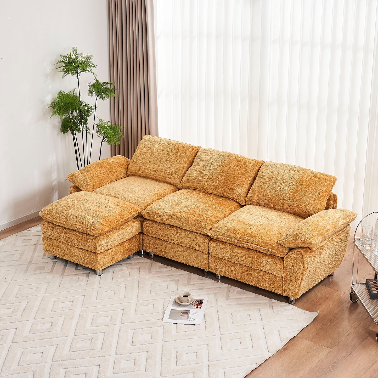 Modern Deep 3-Seat Sofa Couch with Ottoman, Polyester Sofa Sleeper Comfy Upholstered Furniture for Living Room, Apartment, Studio, Office,Yellow