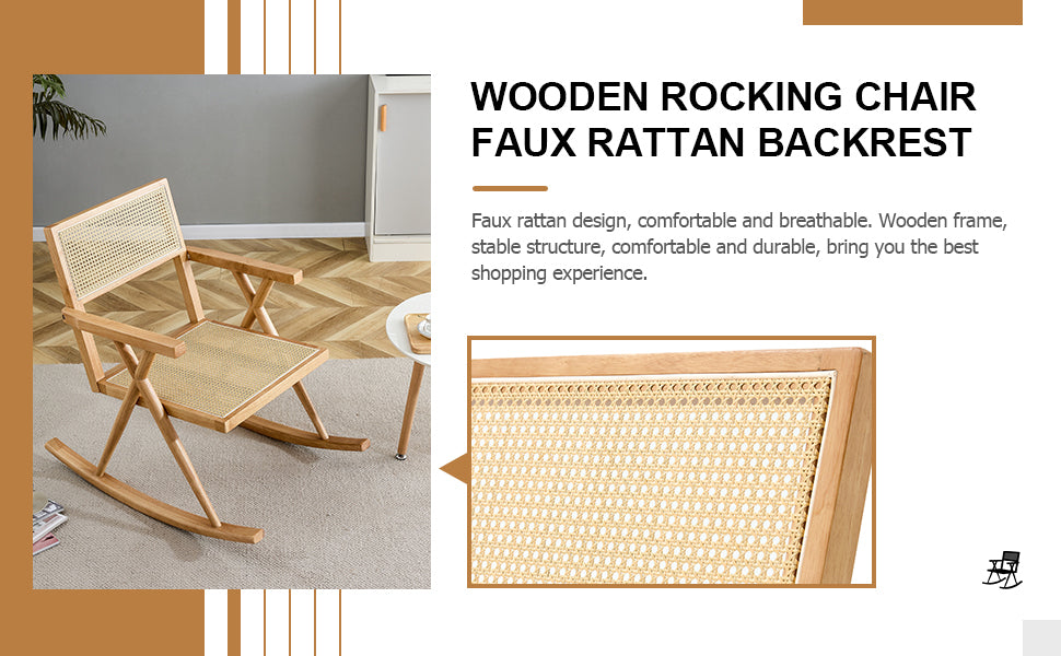 Solid wood+imitation rattan rocking chair allows you to relax quietly indoors and outdoors, enhancing your sense of relaxation, suitable for balconies, gardens, and camping sites