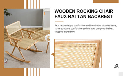 Solid wood+imitation rattan rocking chair allows you to relax quietly indoors and outdoors, enhancing your sense of relaxation, suitable for balconies, gardens, and camping sites