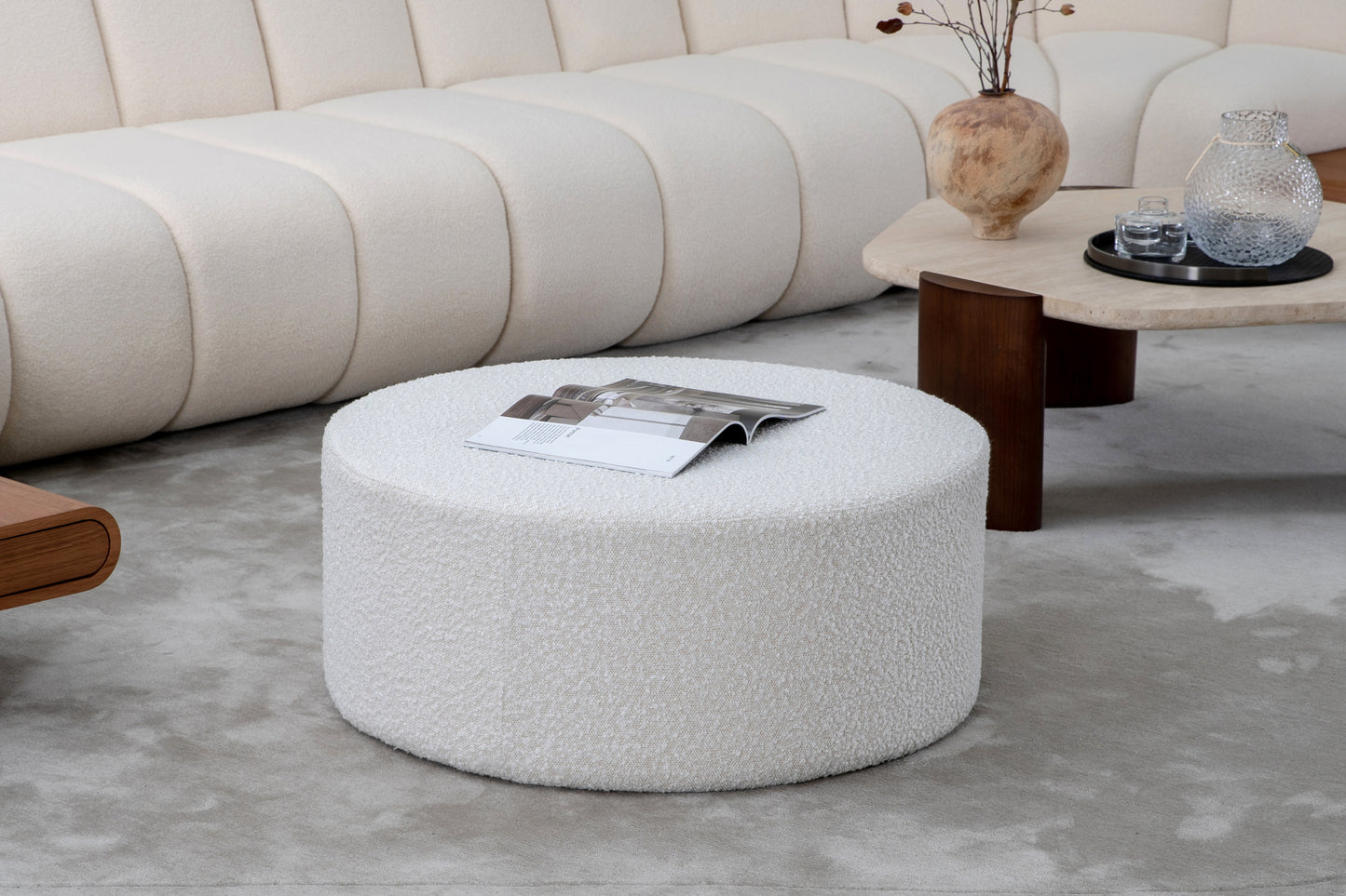 Round Coffee Table, Boucle Upholstered End Table, Functions as Side Table, Ottoman, and Seat for Living Room, Bedroom, Entryway, Office