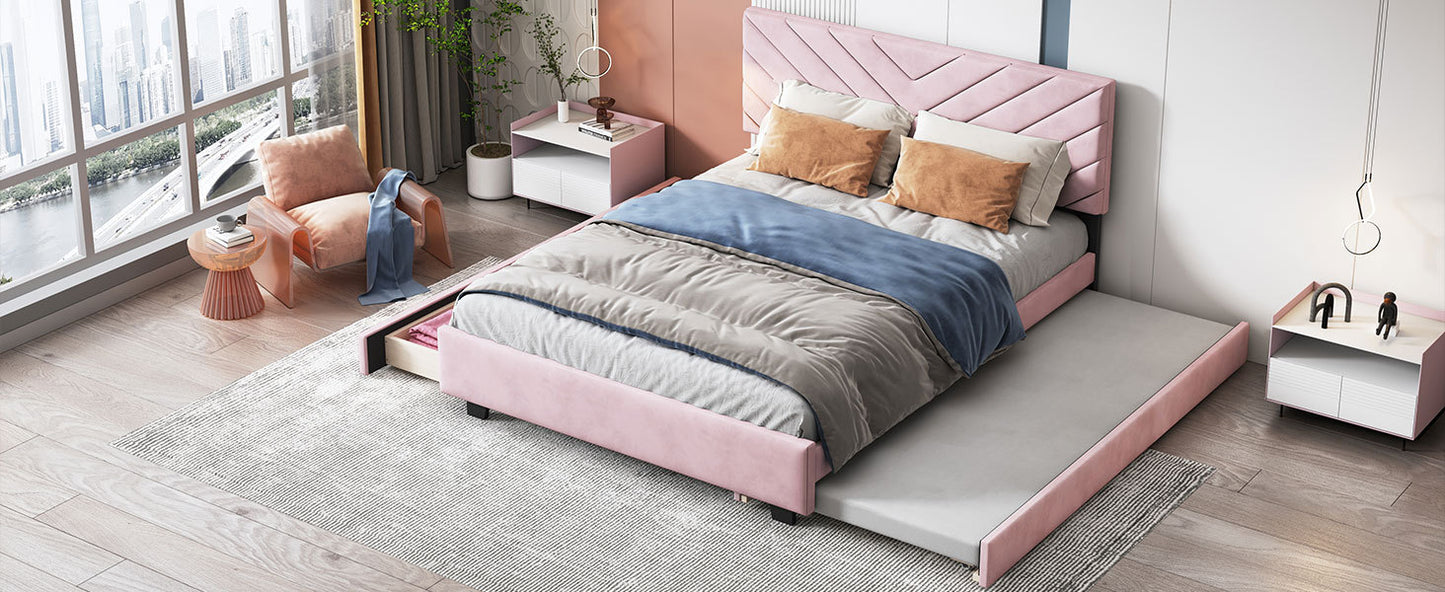 Queen Size Upholstered Platform Bed with Twill Headboard, Pullout Bed and Two Drawers, Flannel,Pink