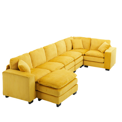 Modern U Shaped 6-seat Sectional Sofa Couch with one Ottoman and three toss pillows ,Modular Sofa for Living Room,Corduroy sofa