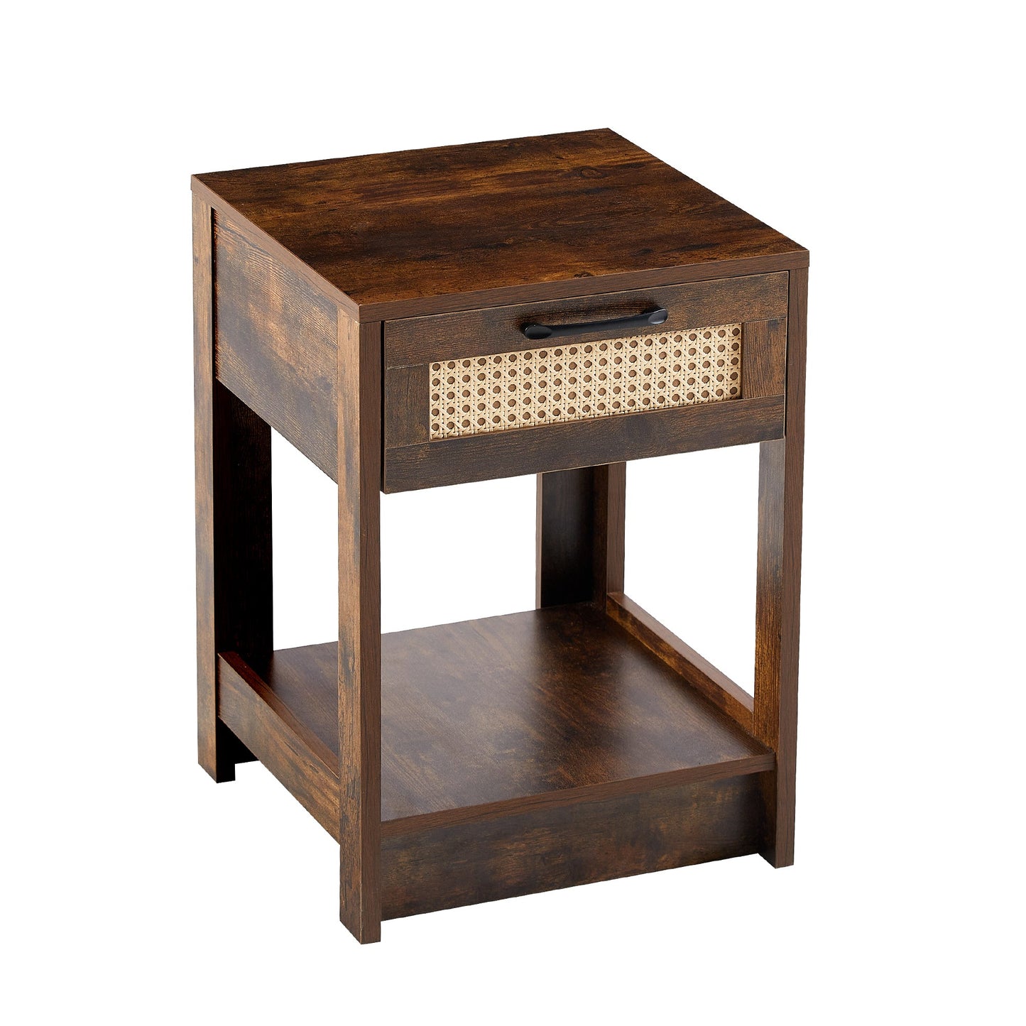 15.75" Rattan End table with drawer, Modern nightstand, side table for living room, bedroom,Rustic Brown - Groovy Boardz