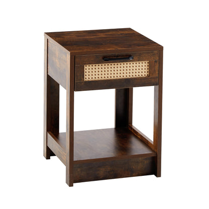 15.75" Rattan End table with drawer, Modern nightstand, side table for living room, bedroom,Rustic Brown - Groovy Boardz