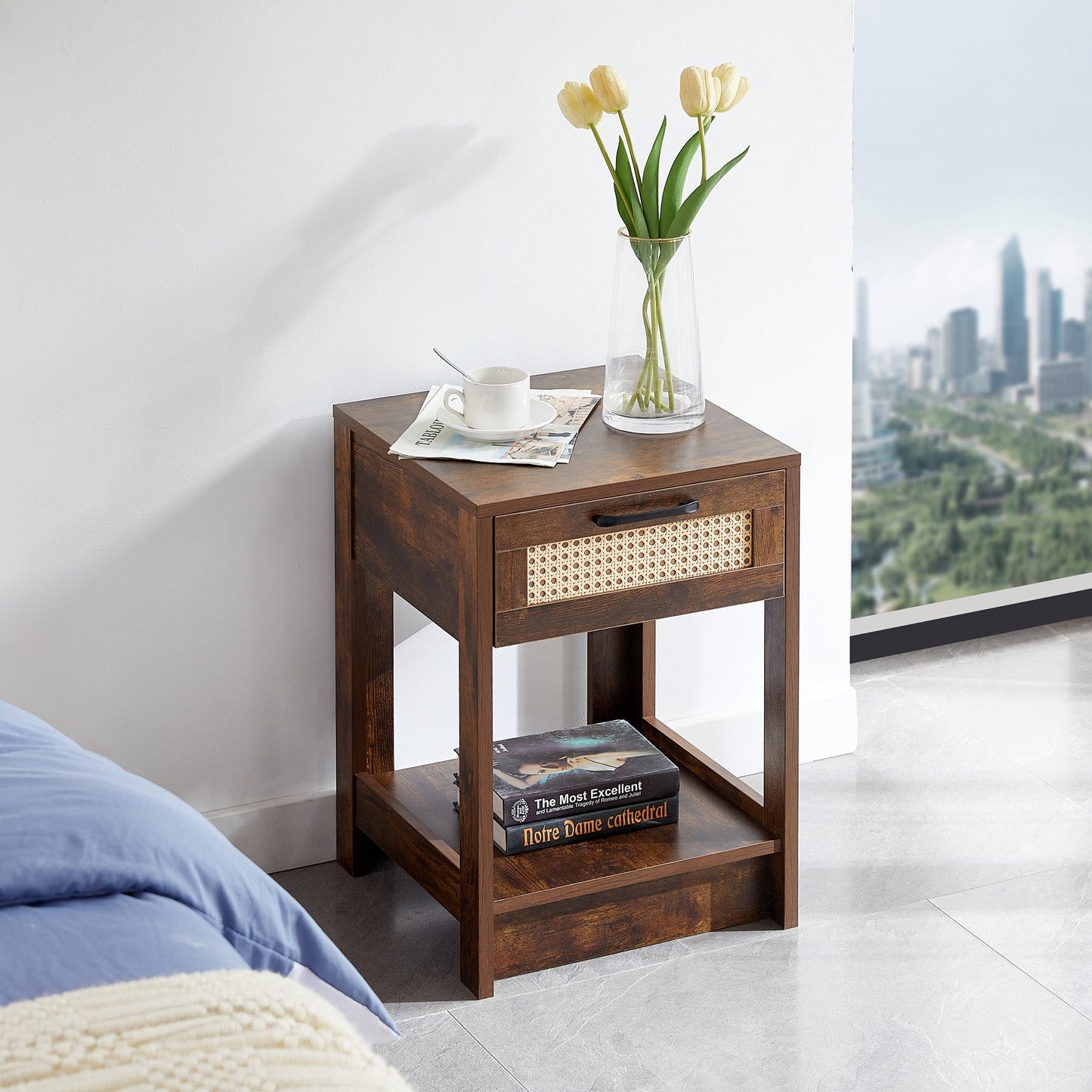 15.75" Rattan End table with drawer, Modern nightstand, side table for living room, bedroom,Rustic Brown - Groovy Boardz