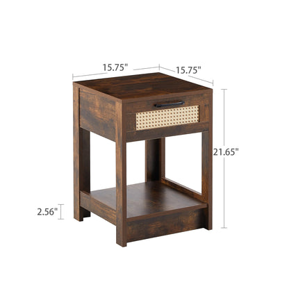 15.75" Rattan End table with drawer, Modern nightstand, side table for living room, bedroom,Rustic Brown - Groovy Boardz