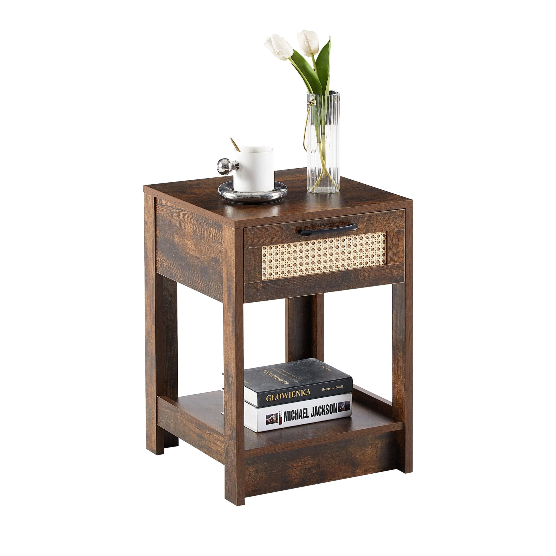 15.75" Rattan End table with drawer, Modern nightstand, side table for living room, bedroom,Rustic Brown - Groovy Boardz