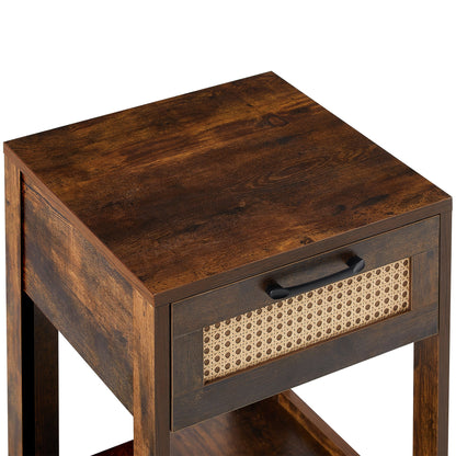 15.75" Rattan End table with drawer, Modern nightstand, side table for living room, bedroom,Rustic Brown - Groovy Boardz