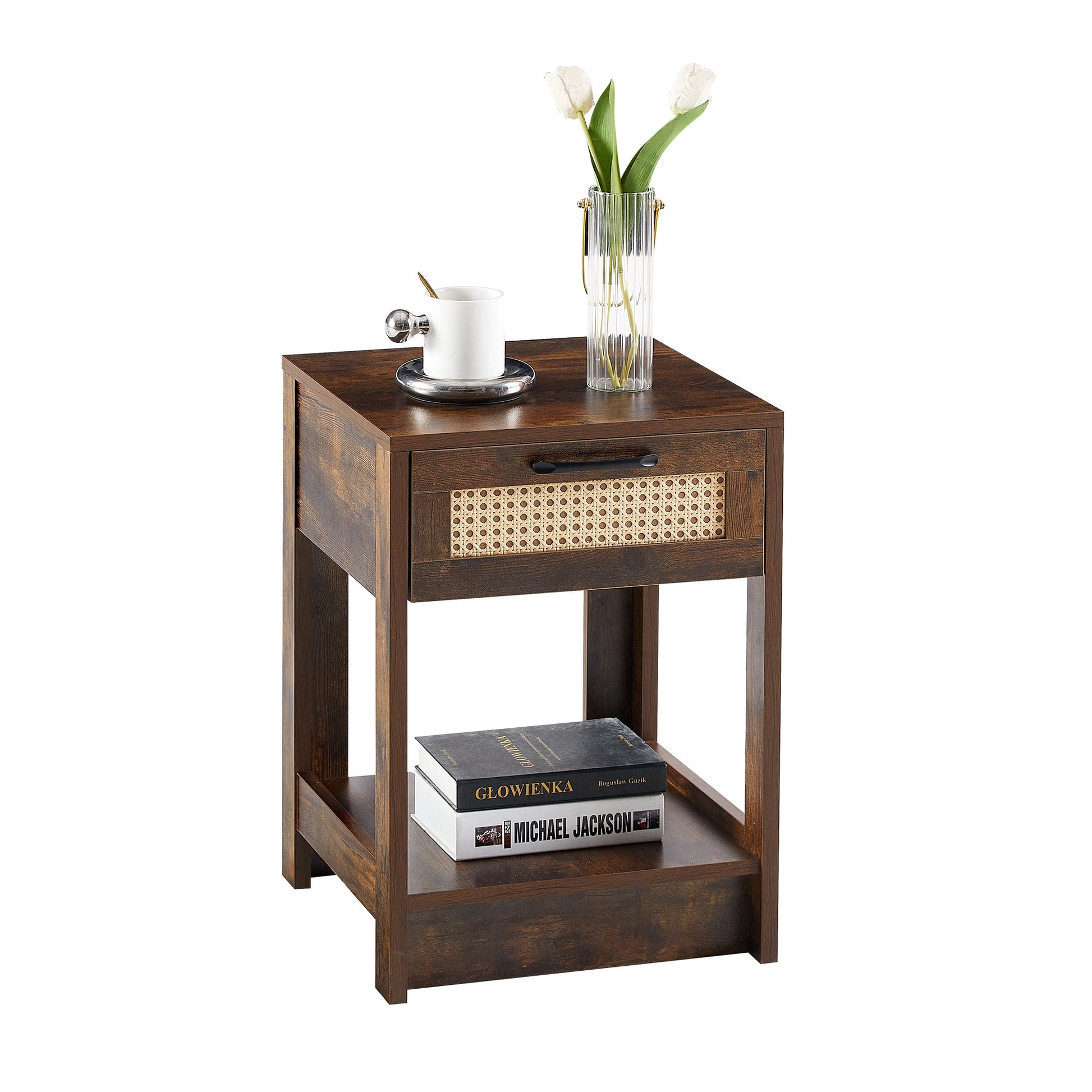 15.75" Rattan End table with drawer, Modern nightstand, side table for living room, bedroom,Rustic Brown - Groovy Boardz