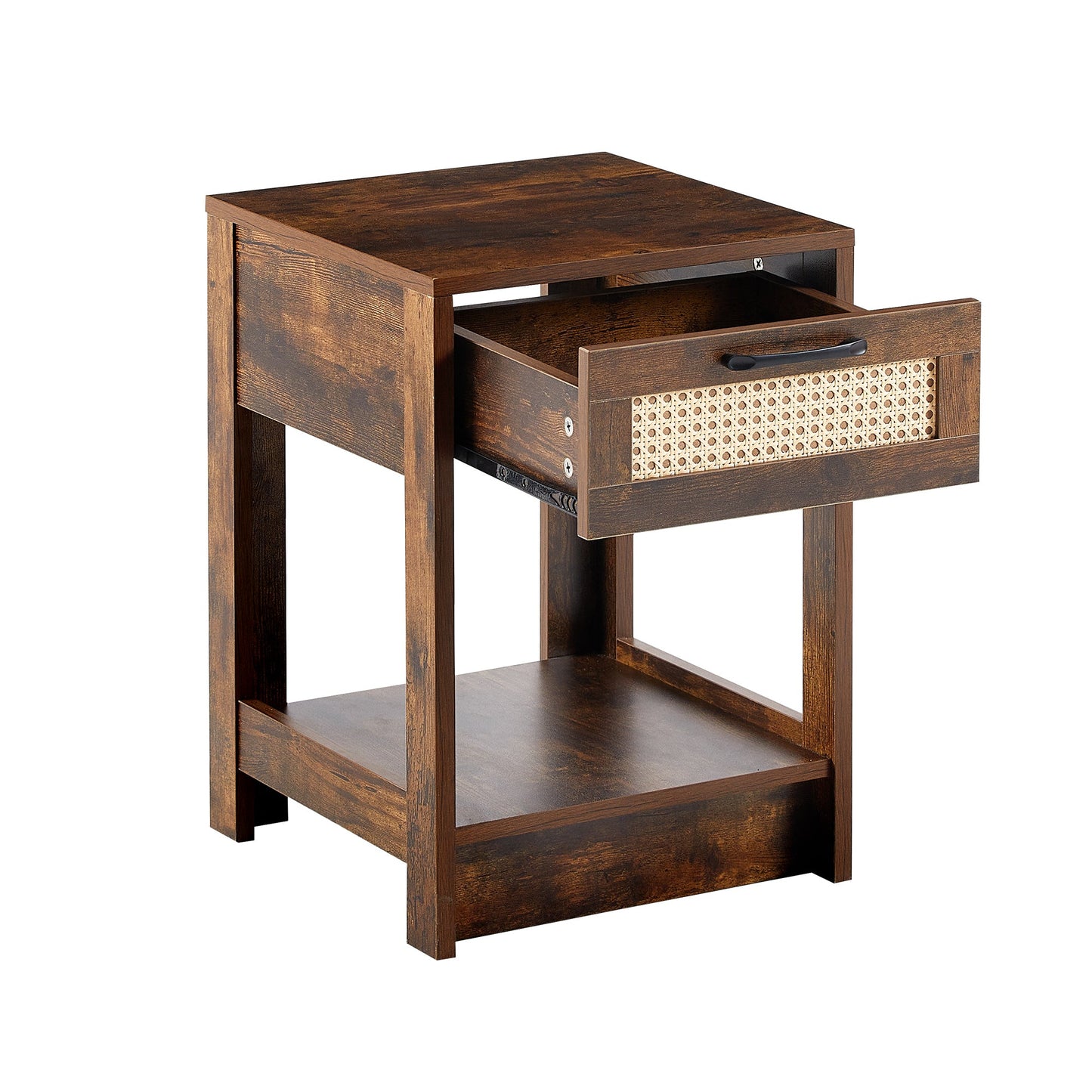 15.75" Rattan End table with drawer, Modern nightstand, side table for living room, bedroom,Rustic Brown - Groovy Boardz