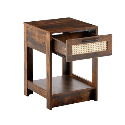 15.75" Rattan End table with drawer, Modern nightstand, side table for living room, bedroom,Rustic Brown - Groovy Boardz