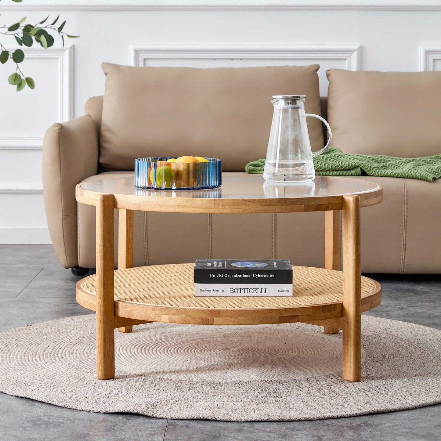 Modern simple circular double-layer solid wood tea table rattan woven Chinese side table small round table suitable for living room, dining room and bedroom