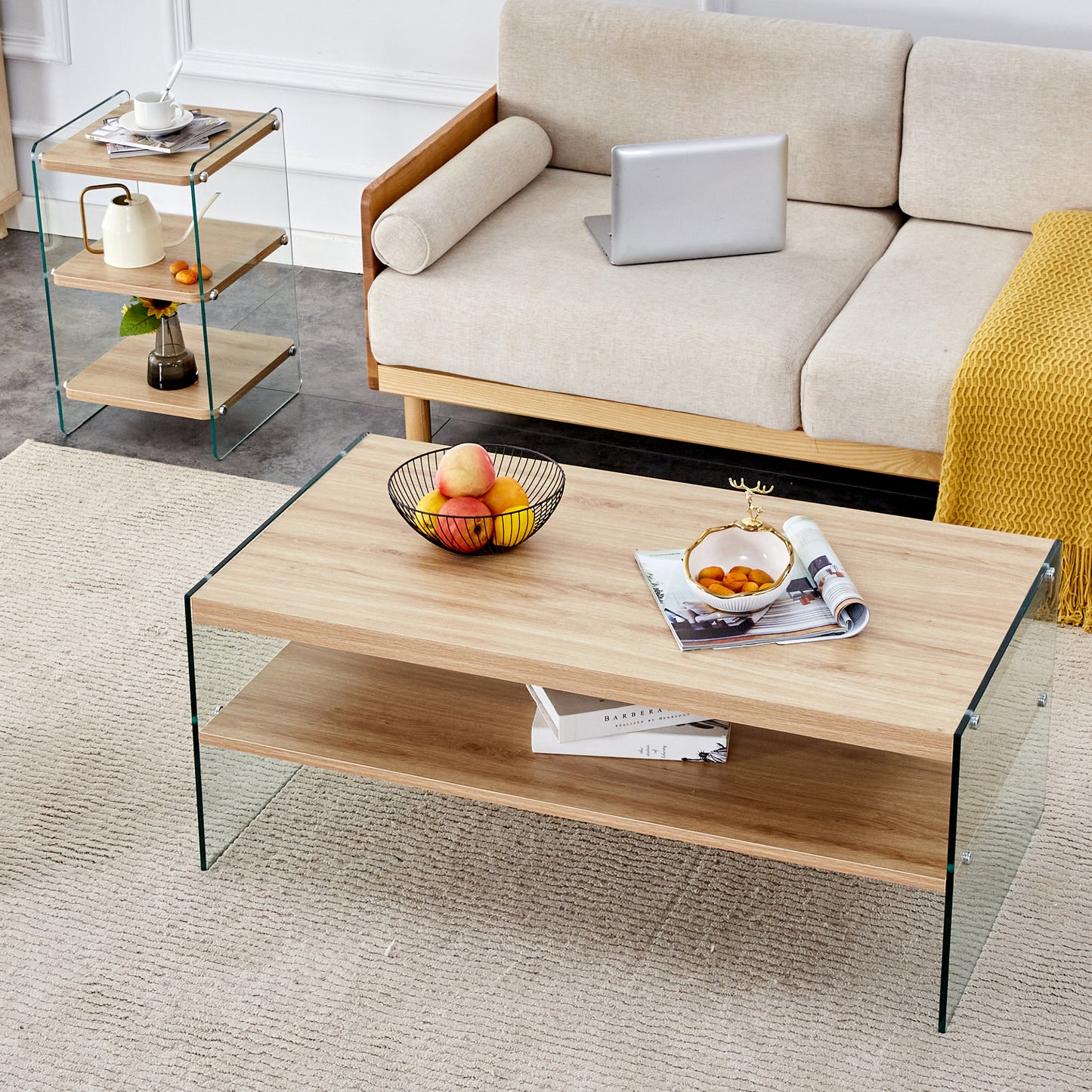 Double layered rectangular coffee table.The board is made of MDF with wooden stickers, with transparent tempered glass on both side.Suitable for various occasions such as living rooms and bedrooms.