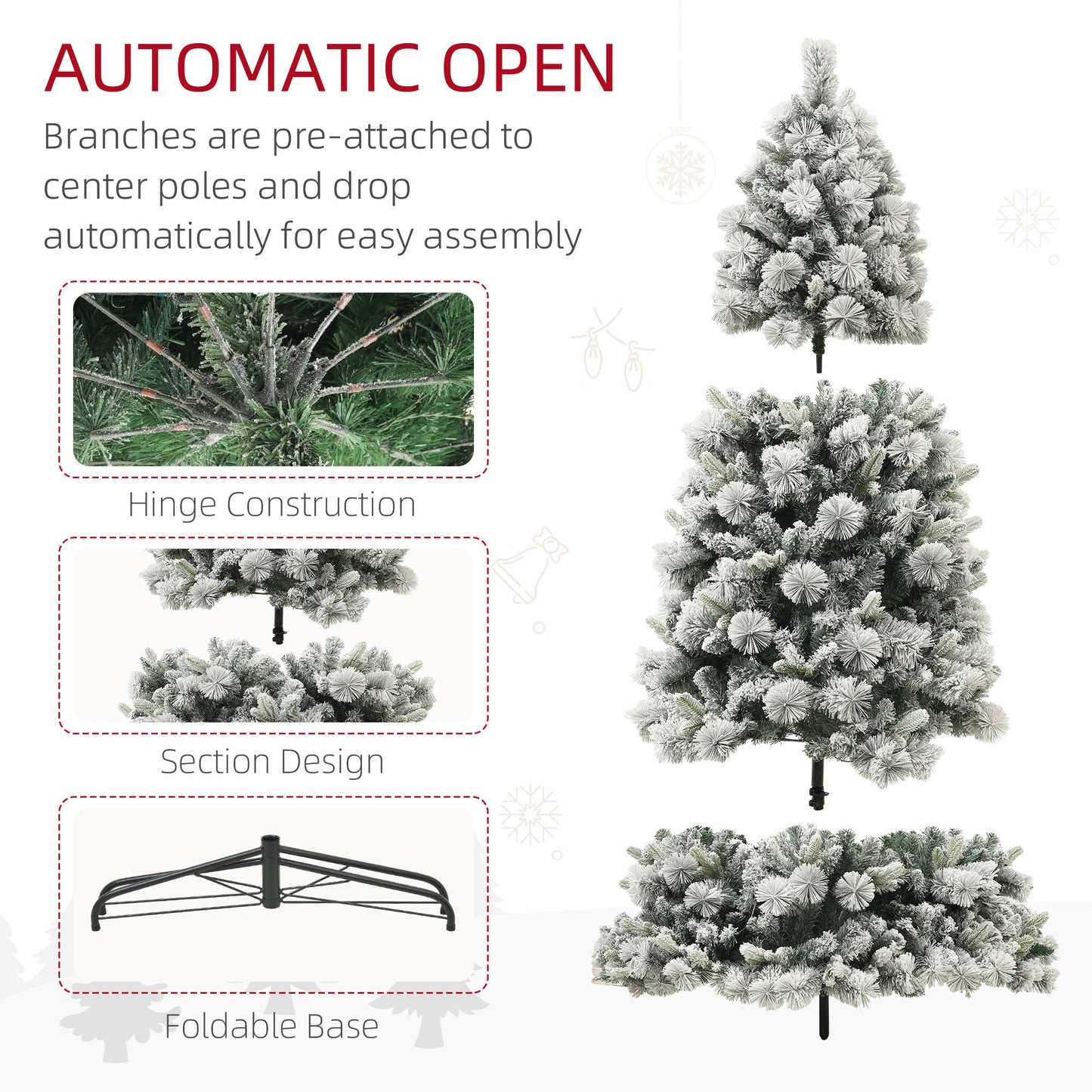 HOMCOM 6.5 ft Pre-Lit Artificial Christmas Tree with 350 Clear Lights and 1107 Tips, Snow Flocked Christmas Tree with Metal Stand, Hinged Xmas Tree for Home Office Holiday, Green