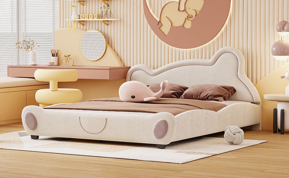 Queen Size Velvet Platform Bed with Bear-Shaped Headboard, with Drawers, with Bed-End Storage Pocket, Beige