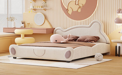 Queen Size Velvet Platform Bed with Bear-Shaped Headboard, with Drawers, with Bed-End Storage Pocket, Beige