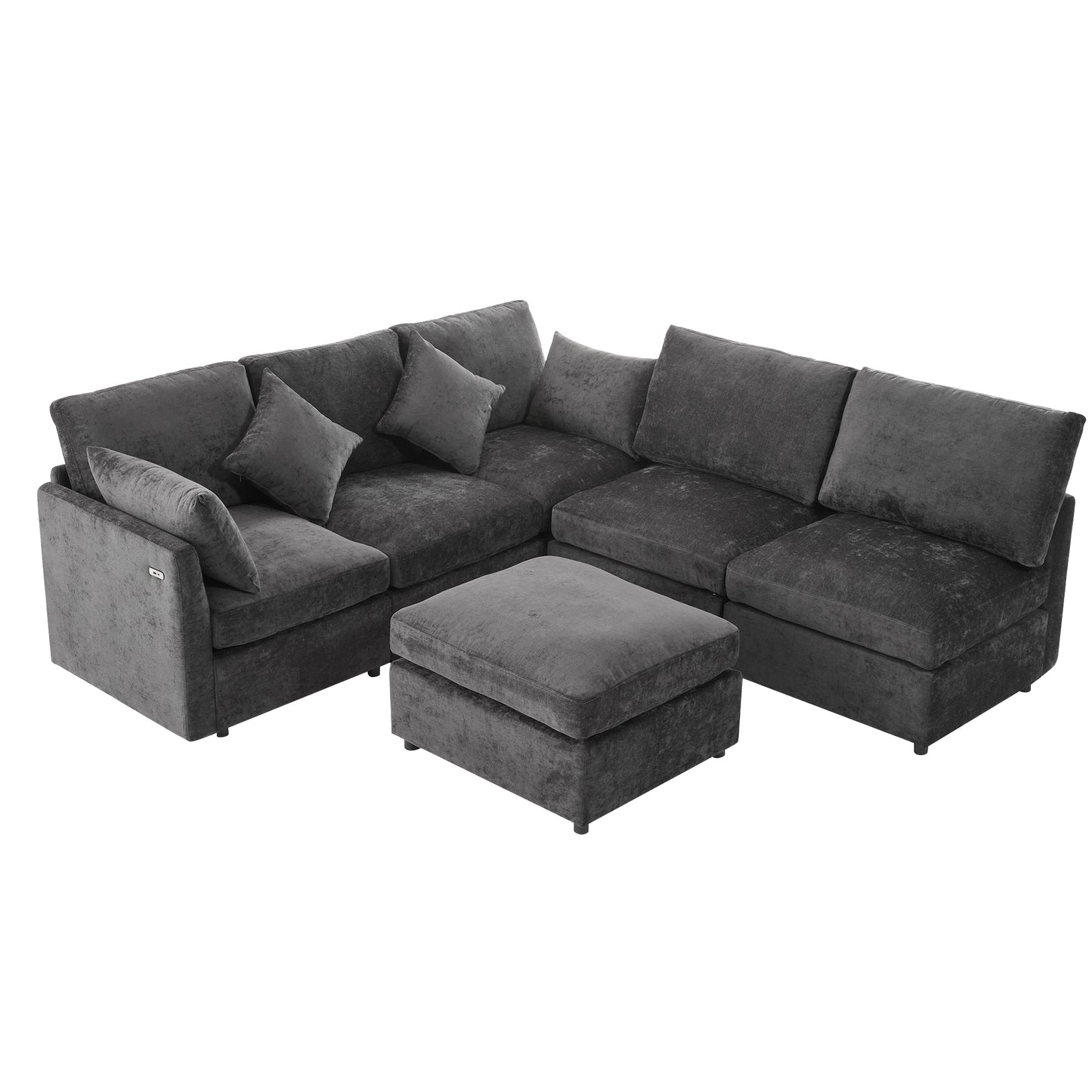 85.4" Sectional Sofa Modular Sofa U-shaped Sofa Couch Sofa Bed L-shaped Sofa with a Movable Ottoman and Two USB Ports for Living Room, Black