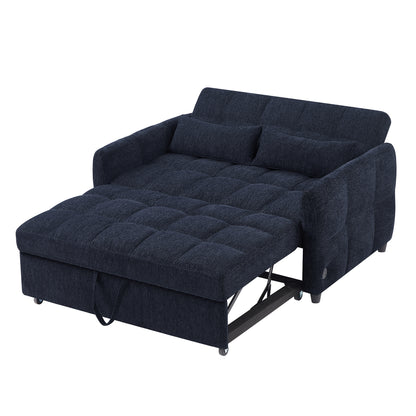 52.8" Loveseat Sofa Pull-out Sofa Bed Tufted Sleeper Sofa with an Adjustable Backrest, Three USB Ports and Two Lumbar Pillows for Living Room, Blue