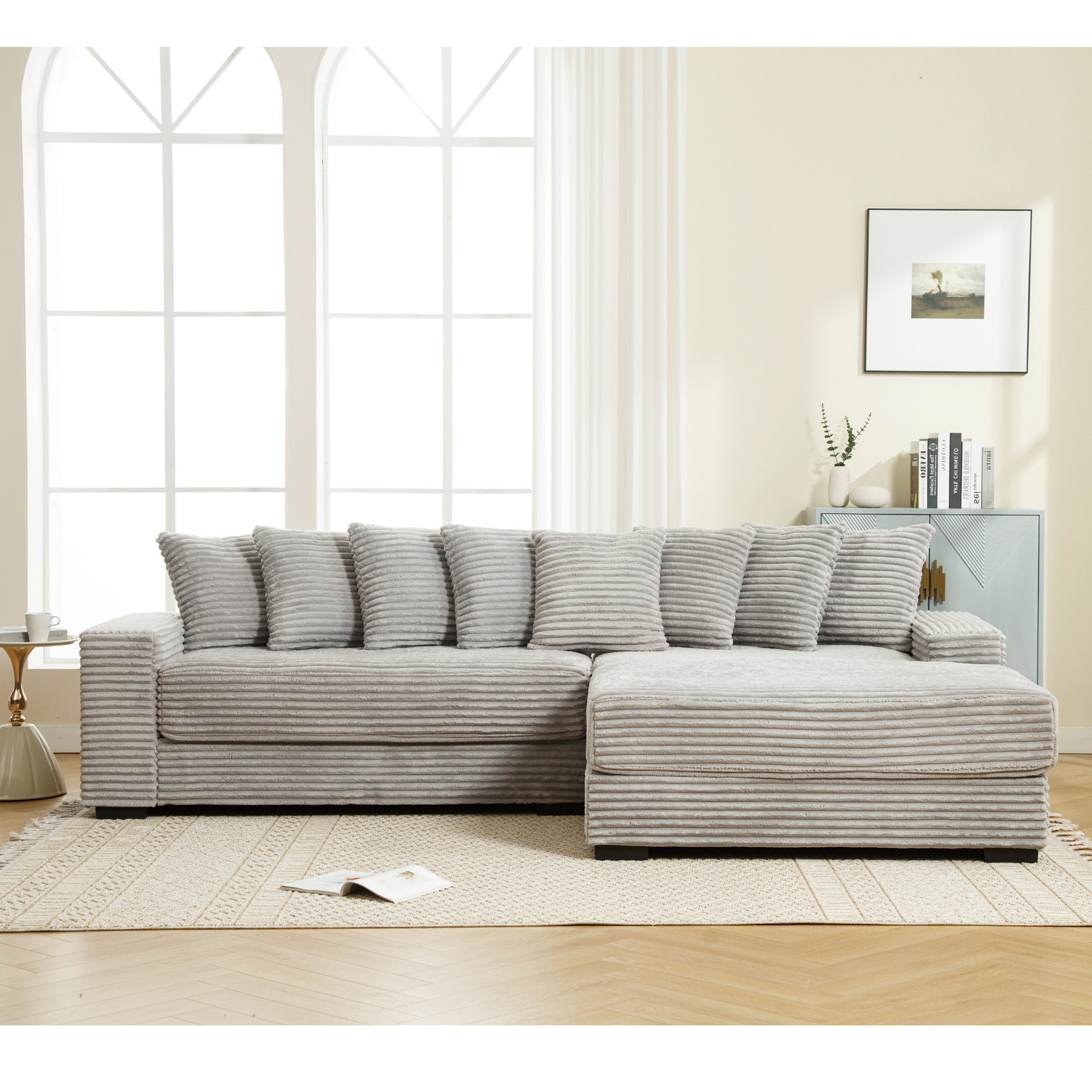 [NEW ARRIVED] [VIDEO PROVIDED] Oversized Two-Piece Couches, L Shaped Sofa, Corduroy, Right Chaise Daybed,with Armrests,Eight Throw Pillows,Corner Sofa,Easy To Assemble, Gray