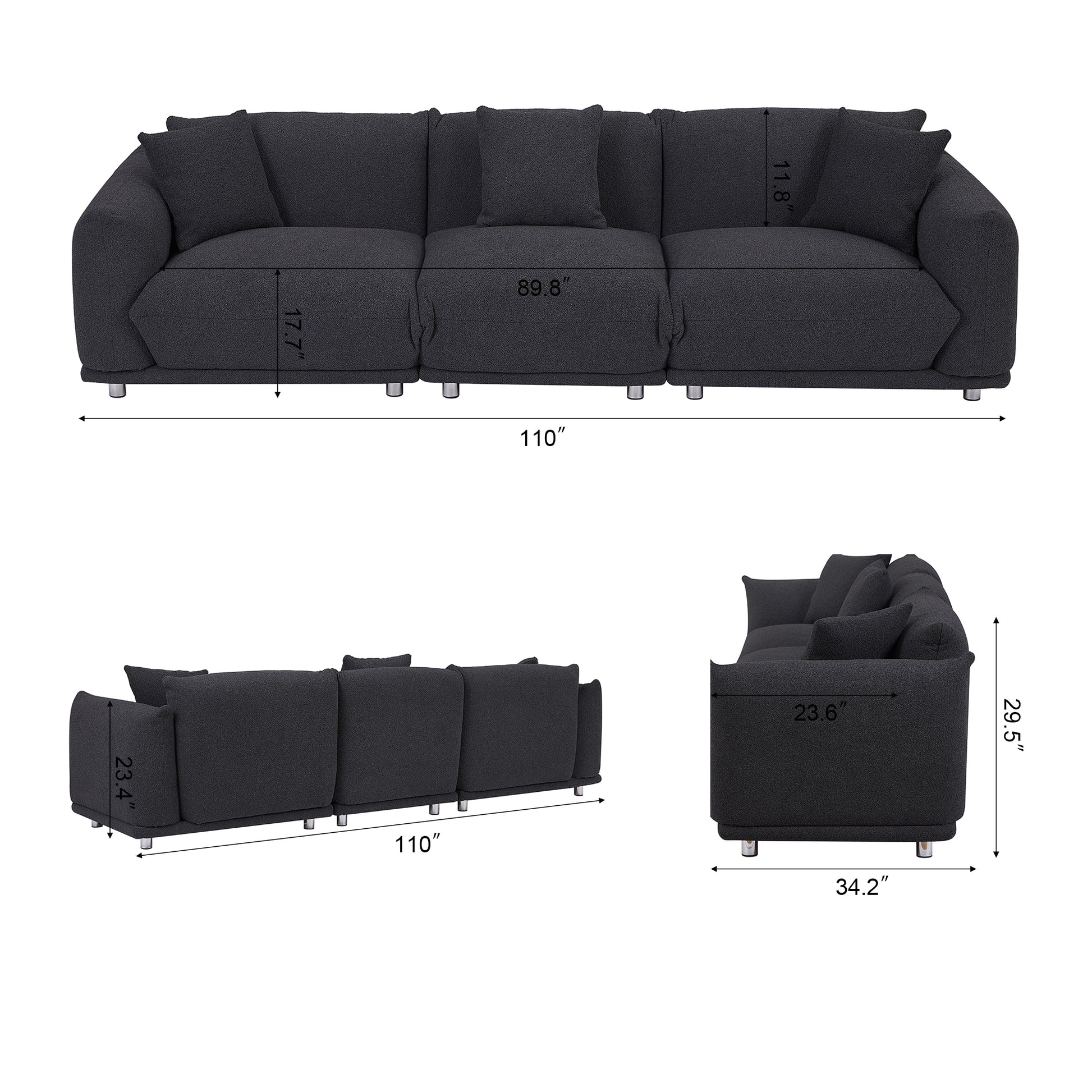 Originality Shapes Black Lambswool Sherpa 4 Seater Sofa With Metal Legs, Solid Wood Frame Couch with 3 Pillows, Linear and Modular Version Design, Possibility Combined Armchair Current Style