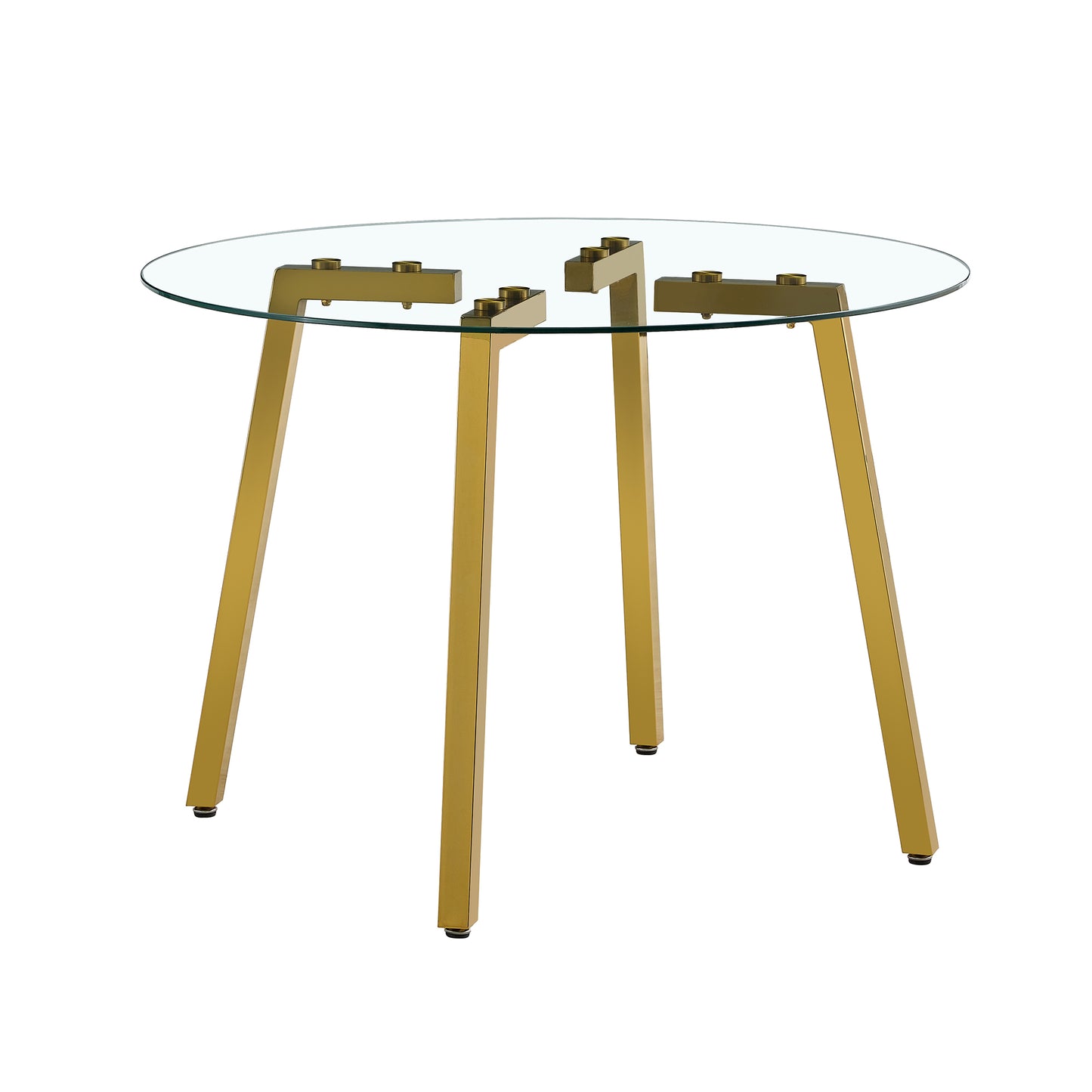 Table and chair set.Modern Luxurious Round Tempered Glass Dining Table Set-40*40 inch with 6 Transparent Plastic Dining Chair with Gold Metal Legs.Bring a comfortable home experience to the kitchen.