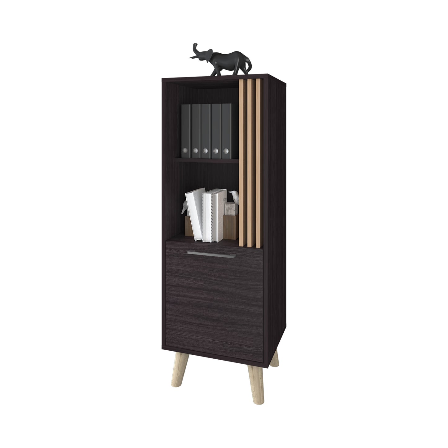 Ac Chin Storage Cabinet with a Door and Open Storage, Wengue + Natural Oak