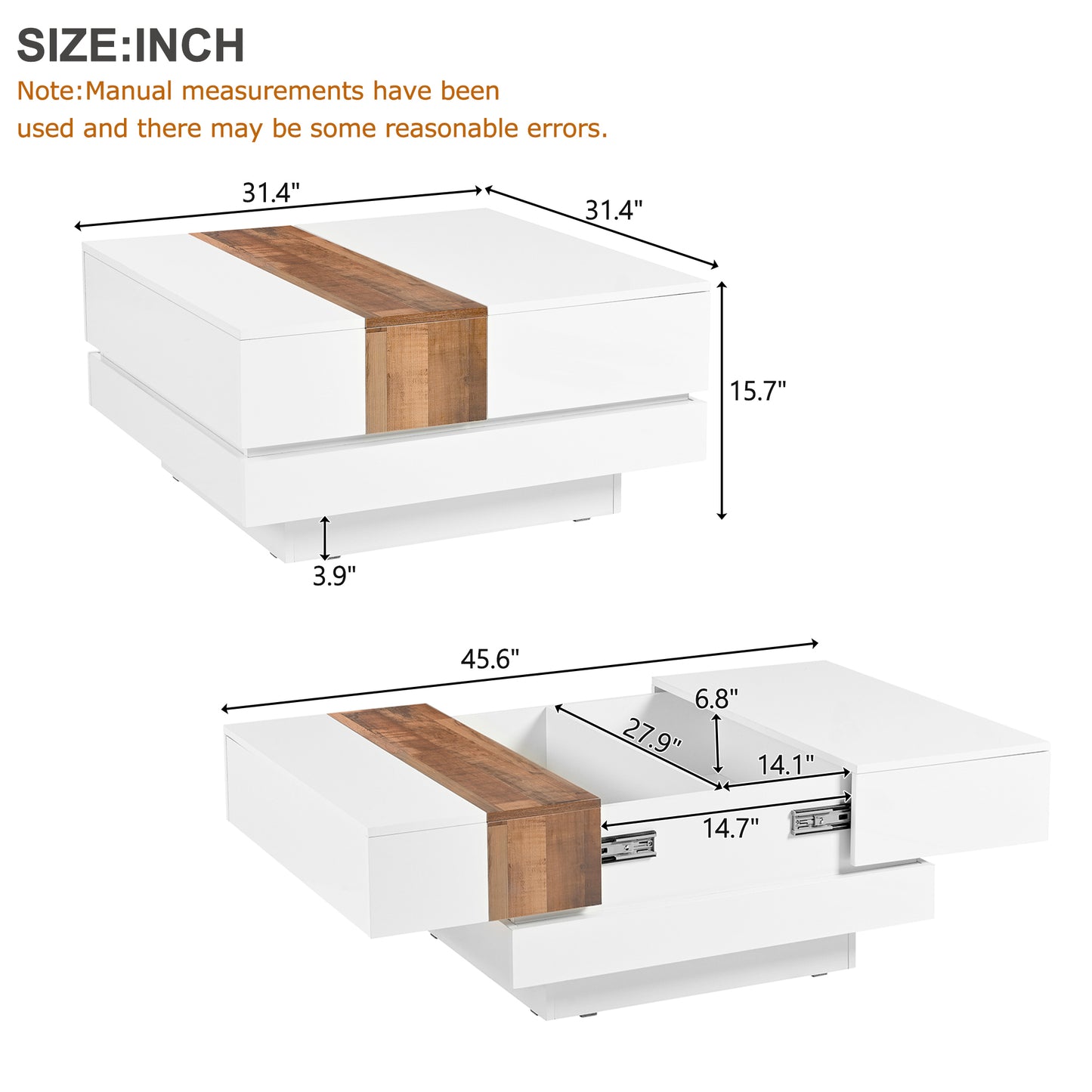 ON-TREND 31.4'' x 31.4'' Square Coffee Table with Sliding Tabletop, High Gloss Center Table with Hidden Storage Compartment, Extendable Cocktail Table with Walnut  Grain Finish for Living Room, White