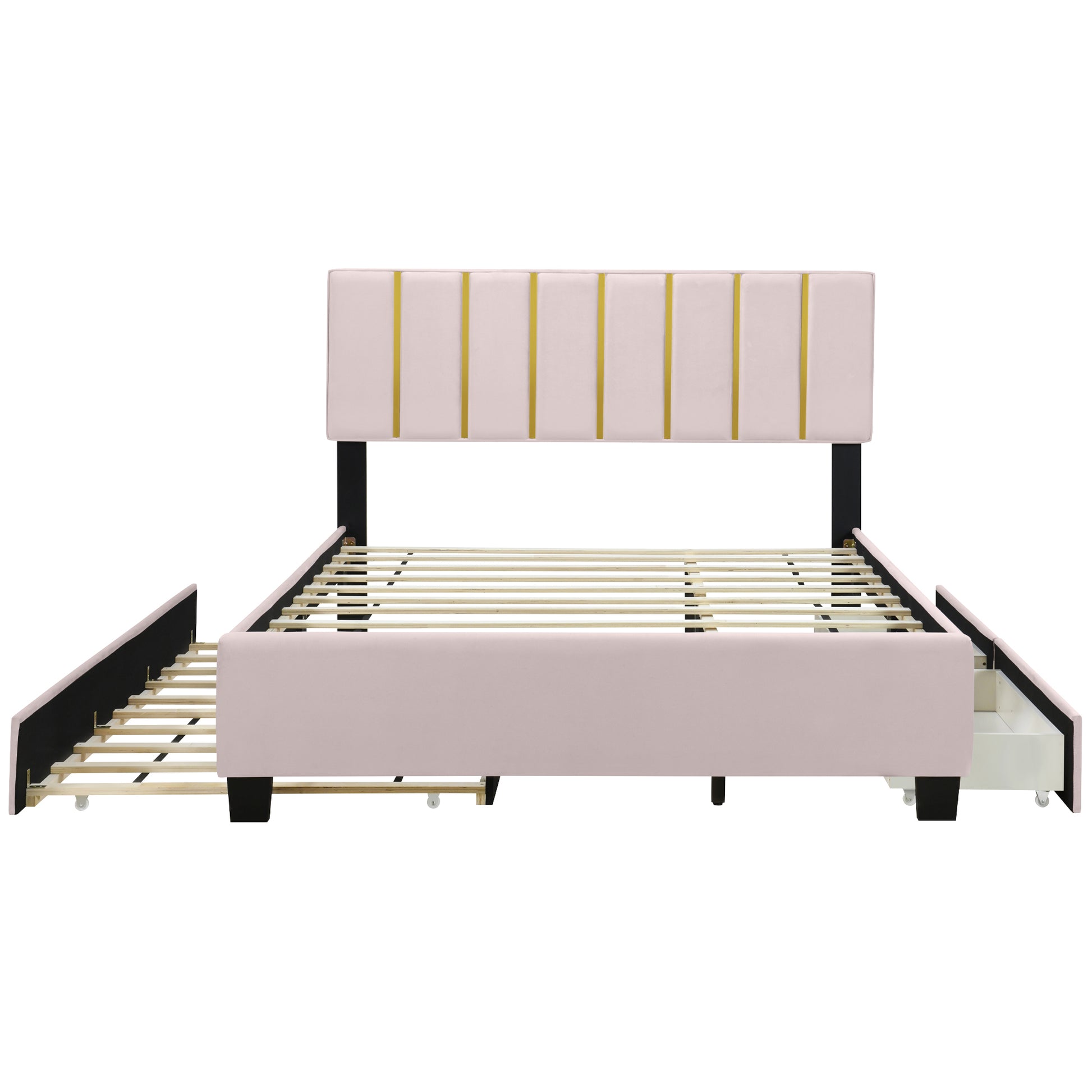 Queen Size Upholstered Platform Bed with 2 Drawers and 1  Trundle, Classic Metal Strip Headboard Design, Pink