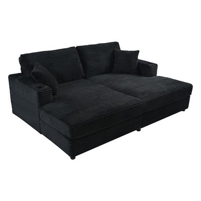 86.5" Oversized Loveseat Chaise Lounge Sectional Sofa Bed Corduroy Sleeper Sofa with Two USB Ports , Two Cup Holders and Two Throw Pillows for Living Room and Bedroom, Black